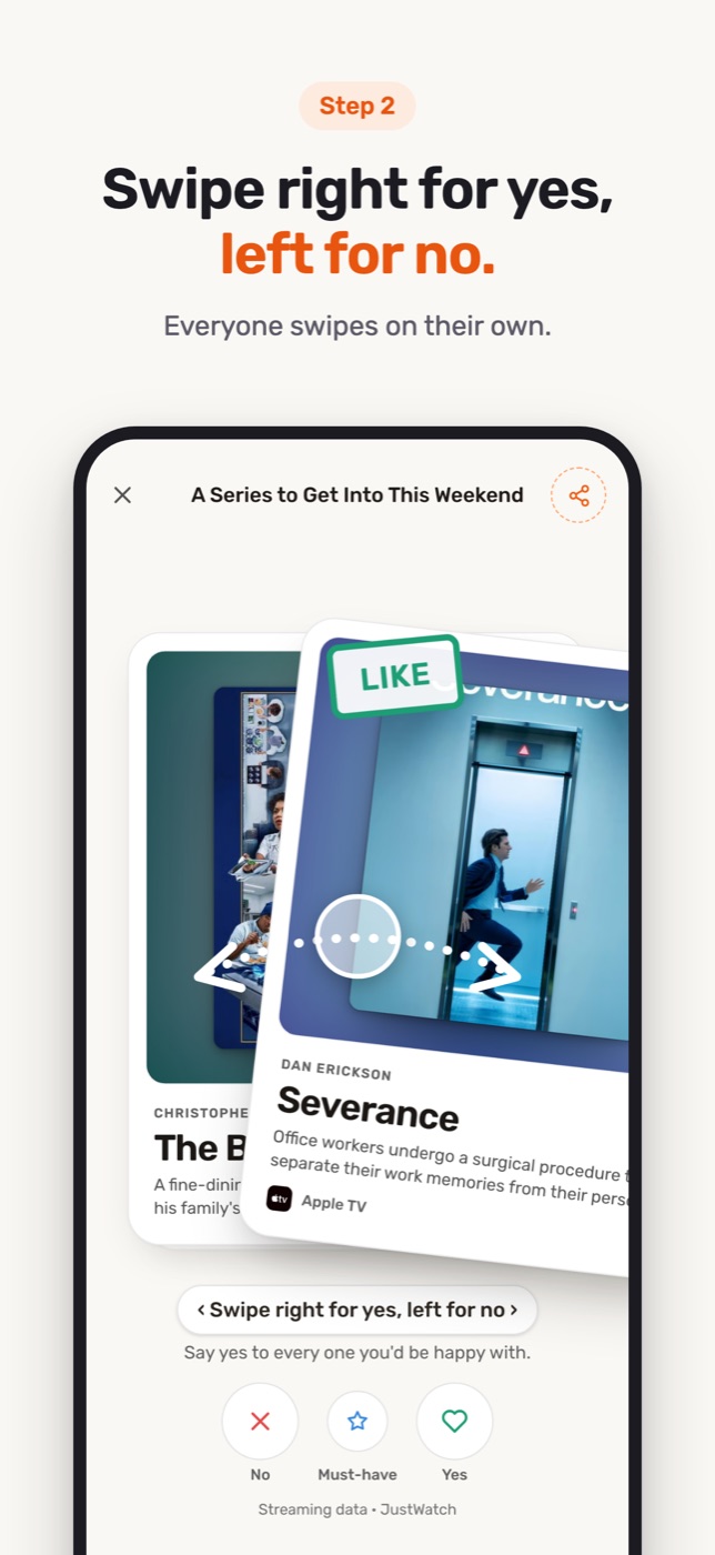 Swiping on a series: right for yes, left for no