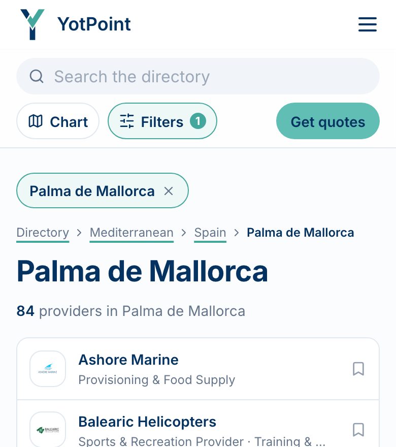 The Palma de Mallorca port page, listing 84 providers